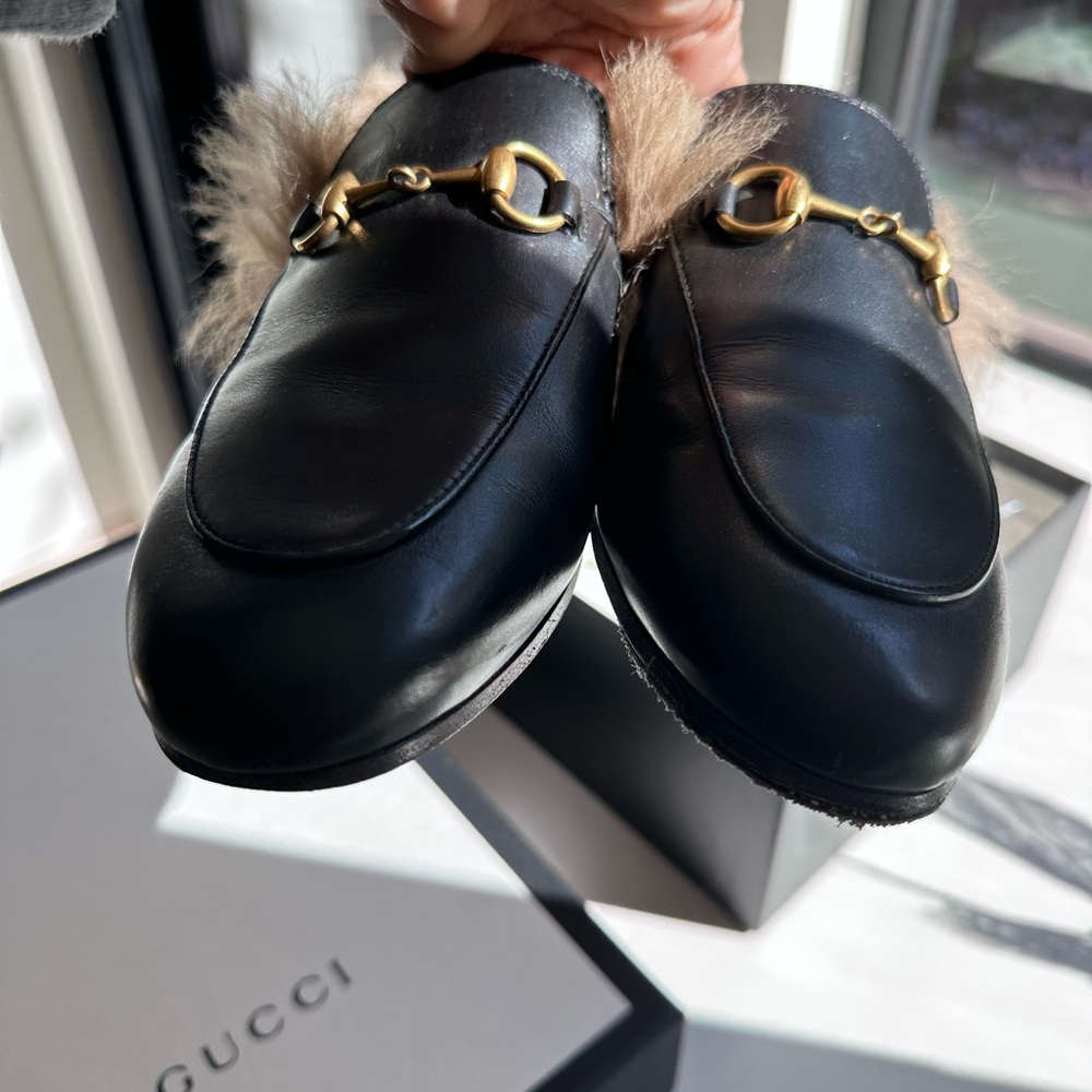 Gucci Black Mules with Gold Hardware